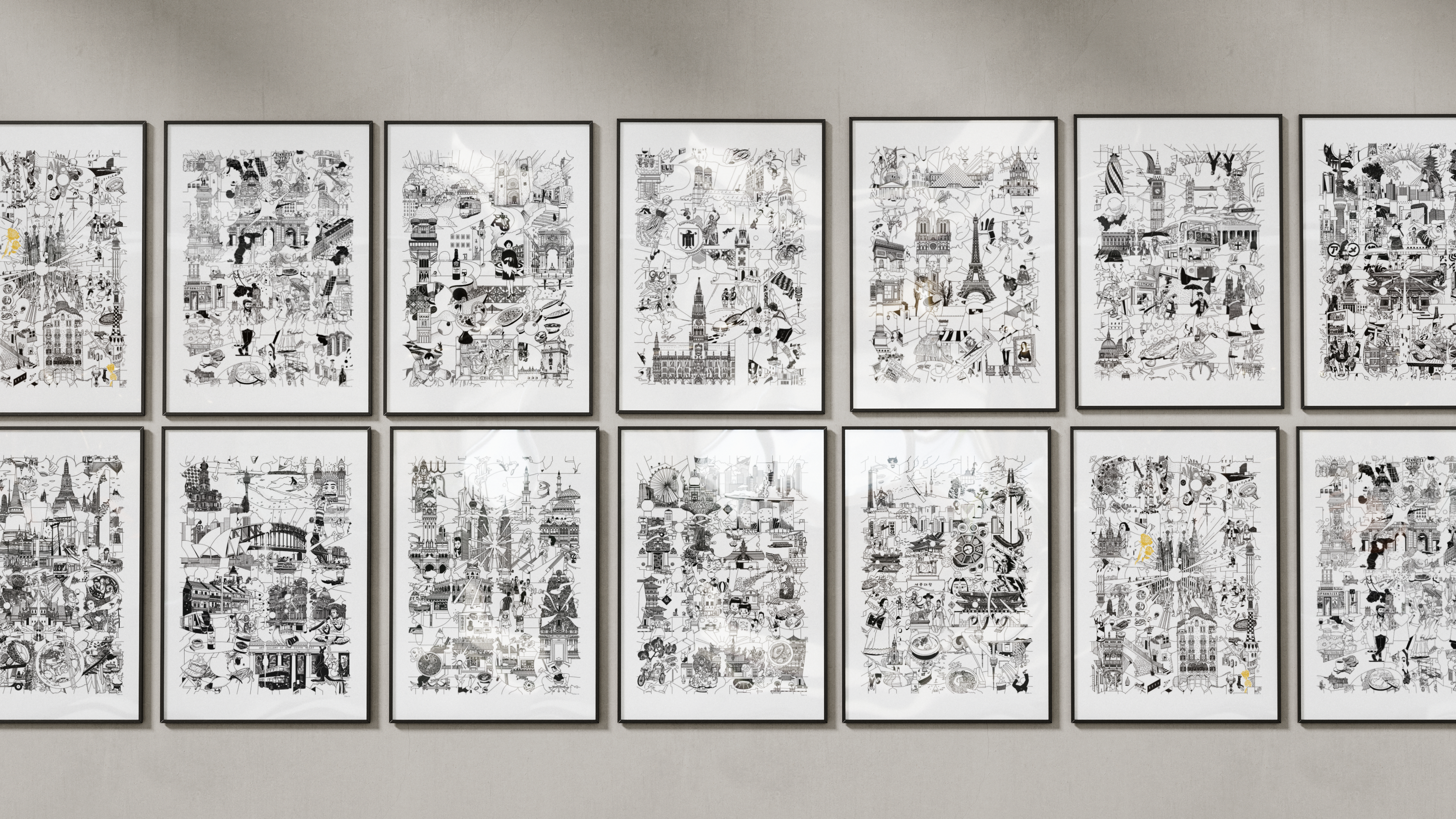 TOWA Cities B2 posters framed on a gallery wall